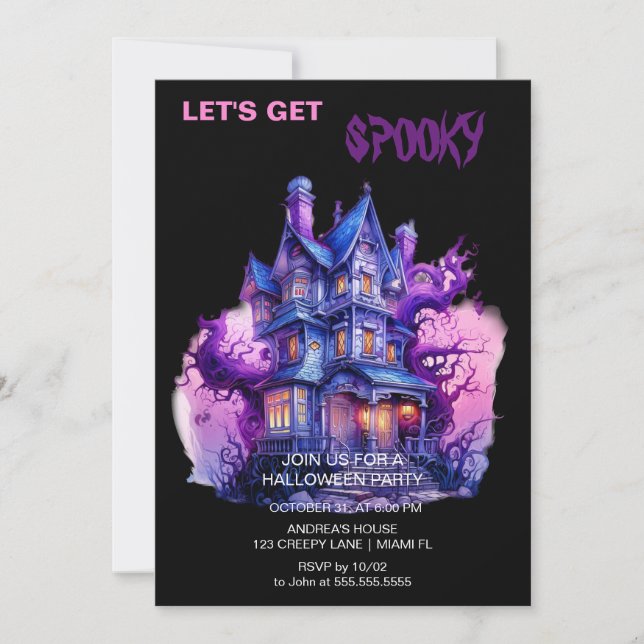Spooky Gothic Haunted House Halloween Black Invitation (Front)