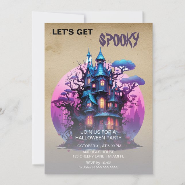 Spooky Gothic Purple Haunted House Halloween  Invitation (Front)