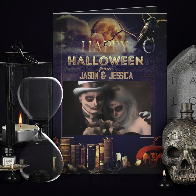 Spooky Gothic Raven Full Moon Photo Halloween Card (spooky gothic black Halloween Card with photo)