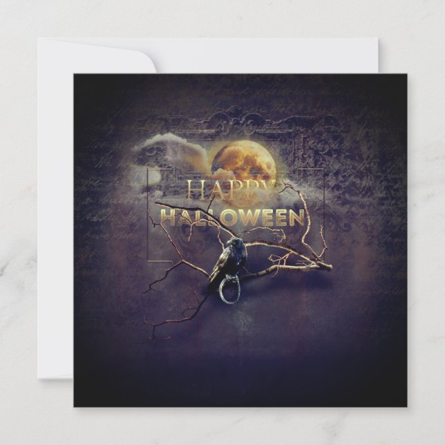Spooky Gothic Raven In Full Moon Adult Halloween Card (Front)