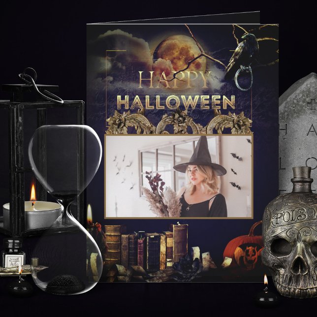 Spooky Gothic Raven In Full Moon Adult Halloween Card (spooky adult gothic folded halloween cards with full moon and pumpkin add your photo)