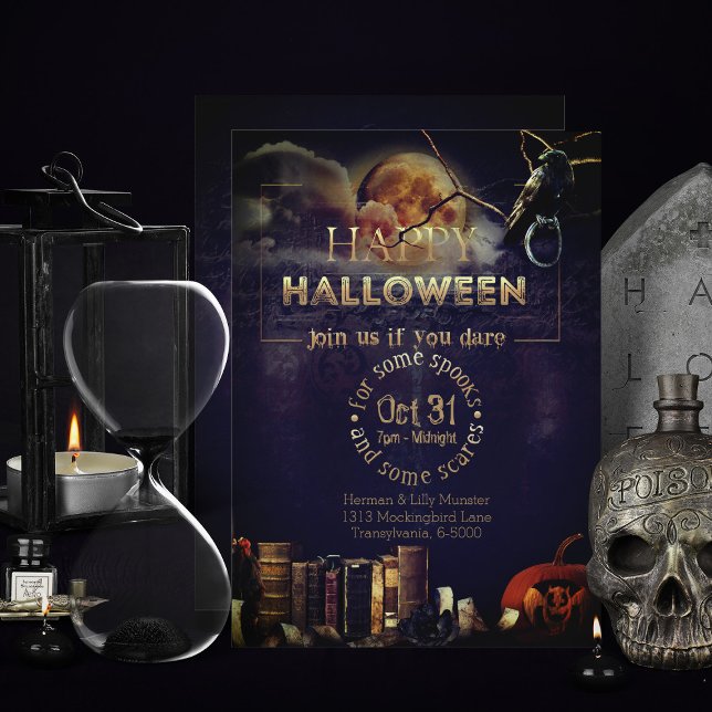 Spooky Gothic Raven In Full Moon Adult Halloween Holiday Card (spooky adult gothic halloween invitations with full moon and pumpkin)