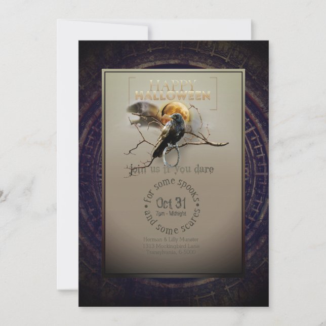 Spooky Gothic Raven In Full Moon Adult Halloween Invitation (Front)