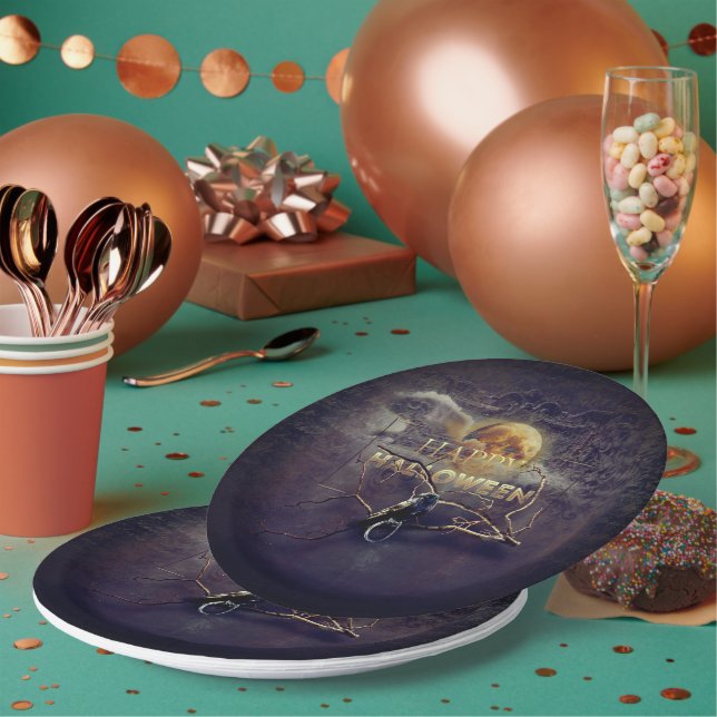 Spooky Gothic Raven In Full Moon Adult Halloween Paper Plate (Multi)