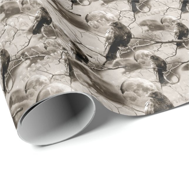 Spooky Gothic Raven In Full Moon Adult Halloween Wrapping Paper (Roll Corner)
