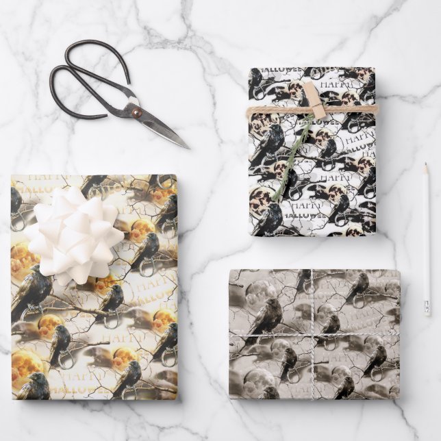 Spooky Gothic Raven In Full Moon Adult Halloween Wrapping Paper Sheet (Front)