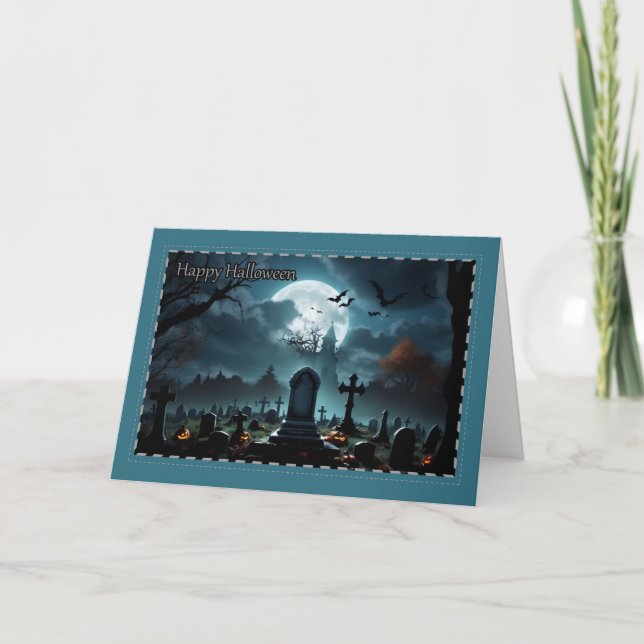 Spooky Graveyard During Full Moon Halloween Card (Front)