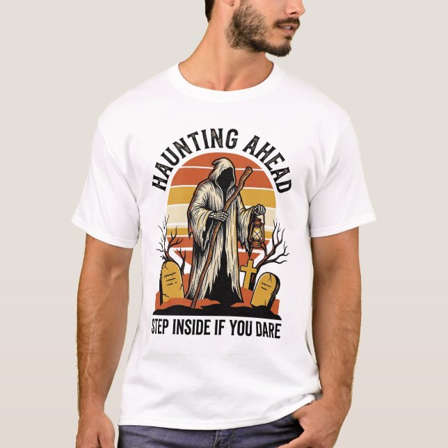 Spooky Graveyard Shirt with Haunted Sunset Reaper  (Front)