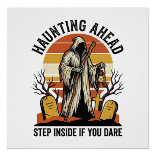Spooky Graveyard Shirt with Haunted Sunset Reaper  Poster
