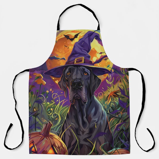 Spooky Great Dane Dog Halloween Witch Pumpkin Apron (Front)