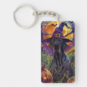 Spooky Great Dane Dog Halloween Witch Pumpkin Key Ring