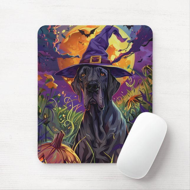 Spooky Great Dane Dog Halloween Witch Pumpkin Mouse Mat (With Mouse)