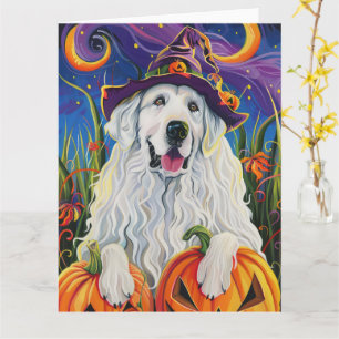 Spooky Great Pyrenees Dog Halloween Witch Pumpkin Card