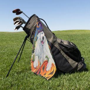 Spooky Great Pyrenees Dog Halloween Witch Pumpkin Golf Towel