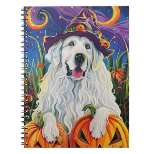 Spooky Great Pyrenees Dog Halloween Witch Pumpkin Notebook
