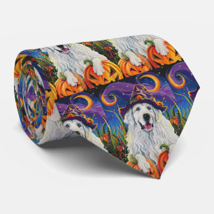 Spooky Great Pyrenees Dog Halloween Witch Pumpkin Tie