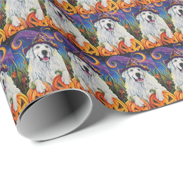 Spooky Great Pyrenees Dog Halloween Witch Pumpkin Wrapping Paper (Roll Corner)