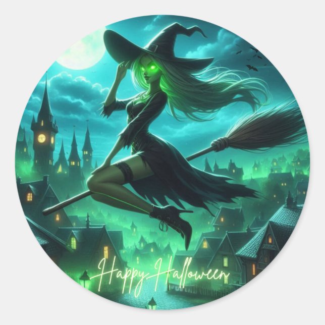 Spooky green aura Halloween witch Classic Round Sticker (Front)