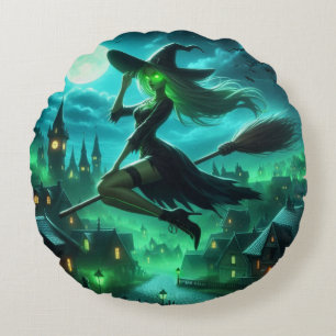 Spooky green aura Halloween witch Round Cushion