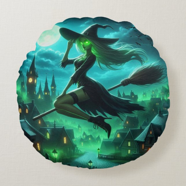 Spooky green aura Halloween witch Round Cushion (Front)