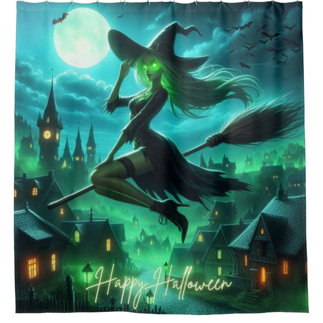 Spooky green aura Halloween witch Shower Curtain (Front)