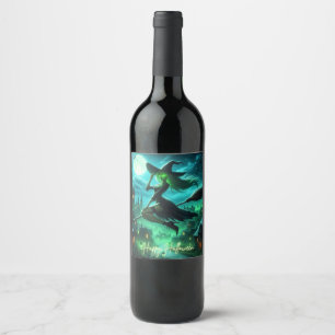 Spooky green aura Halloween witch Wine Label