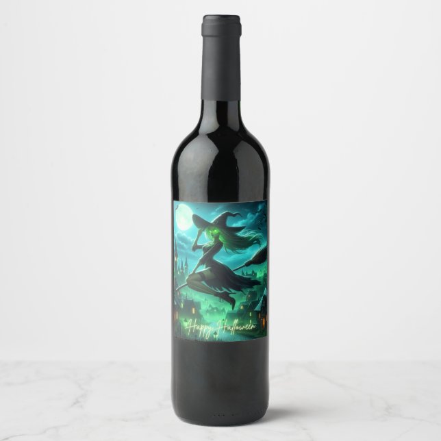Spooky green aura Halloween witch Wine Label (Front)