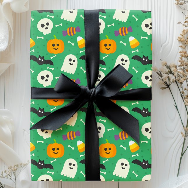 Spooky Green Ghost, Bat & Skull Halloween Wrapping Paper (Creator Uploaded)