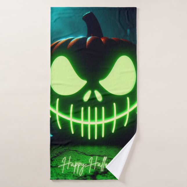 Spooky green glowing Halloween pumpkin Bath Towel (Bath Towel)