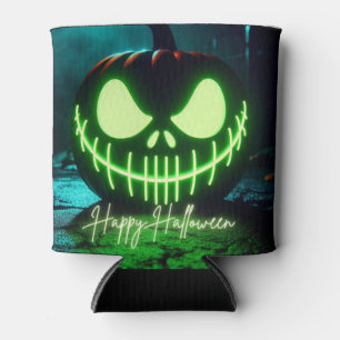 Spooky green glowing Halloween pumpkin Can Cooler