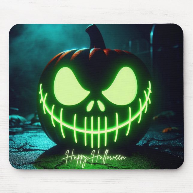 Spooky green glowing Halloween pumpkin Mouse Mat (Front)