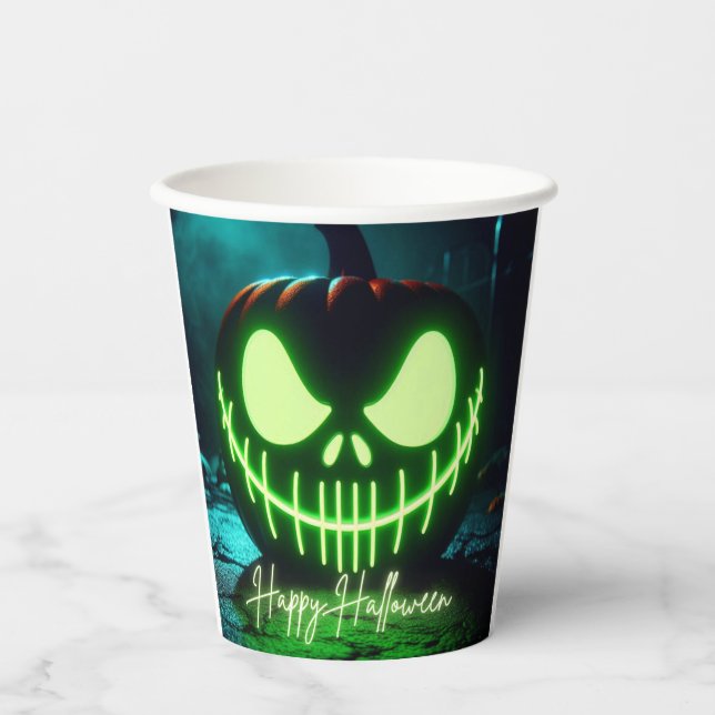 Spooky green glowing Halloween pumpkin Paper Cups (Front)
