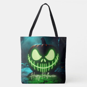 Spooky green glowing Halloween pumpkin Tote Bag