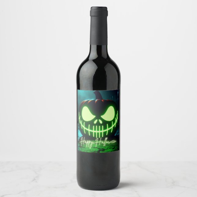 Spooky green glowing Halloween pumpkin Wine Label (Front)