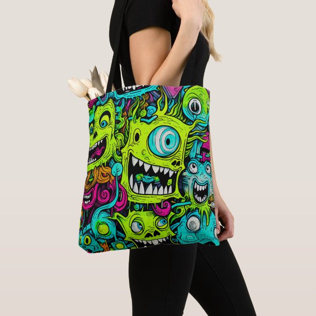 Spooky Green Monster Pattern Tote Bag (Close Up)