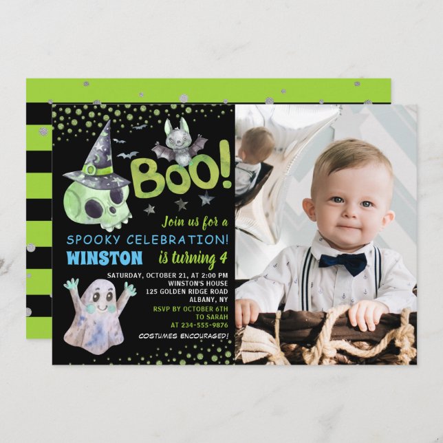 Spooky Green Skull Boy Halloween Birthday Photo Invitation (Front/Back)