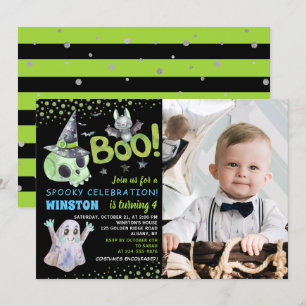 Spooky Green Skull Boy Halloween Birthday Photo Invitation