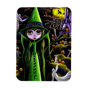 Spooky Green Witch Doll Big Eyes Pumpkin People Magnet