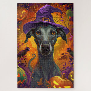 Spooky Greyhound Dog Halloween Witch And Pumpkin Jigsaw Puzzle