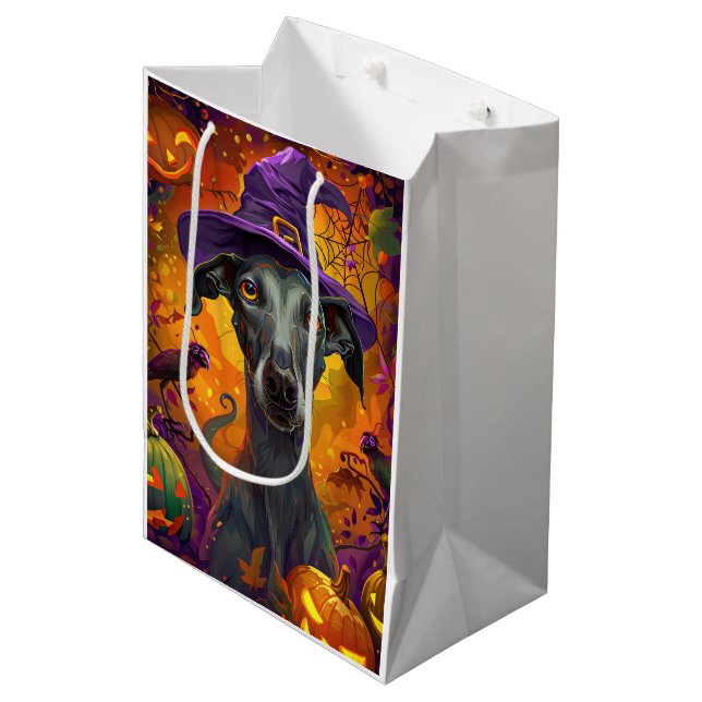 Spooky Greyhound Dog Halloween Witch And Pumpkin Medium Gift Bag (Front Angled)