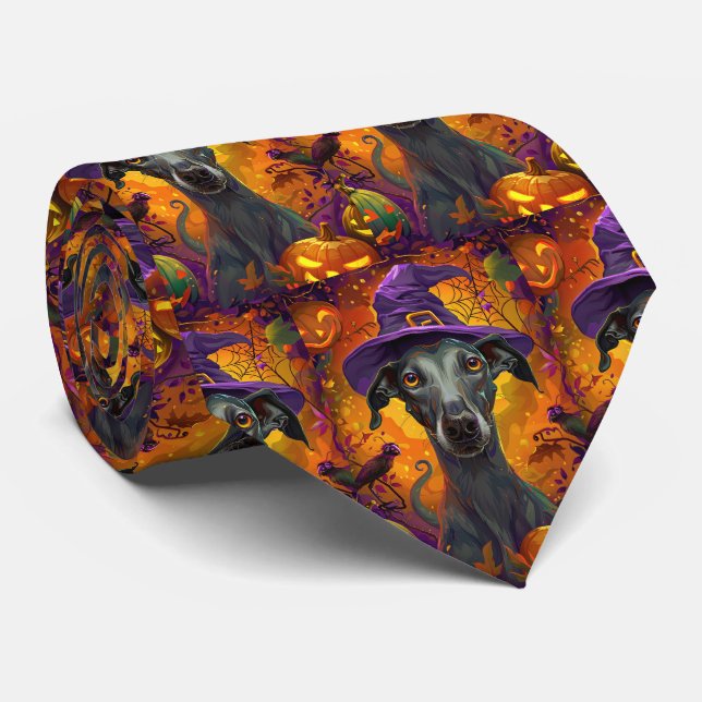 Spooky Greyhound Dog Halloween Witch And Pumpkin Tie (Rolled)