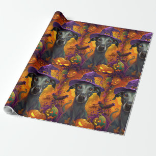 Spooky Greyhound Dog Halloween Witch And Pumpkin Wrapping Paper