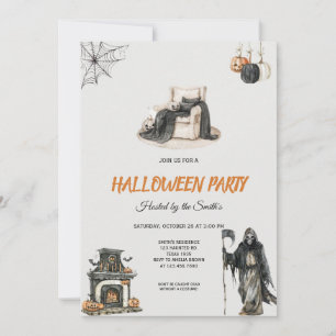 Spooky Grim Reaper and Pumpkin Halloween Party Invitation