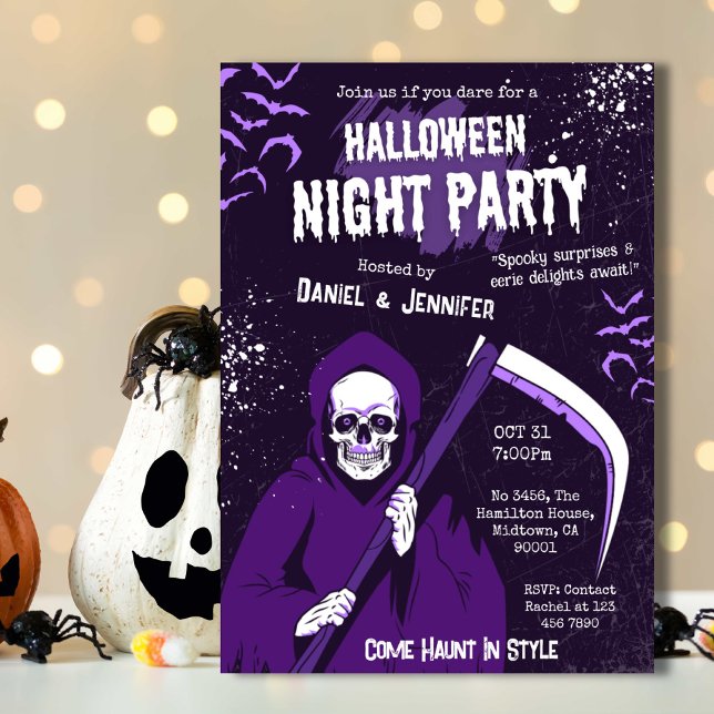 Spooky Grim Reaper bats skeleton purple Halloween  Invitation (Creator Uploaded)