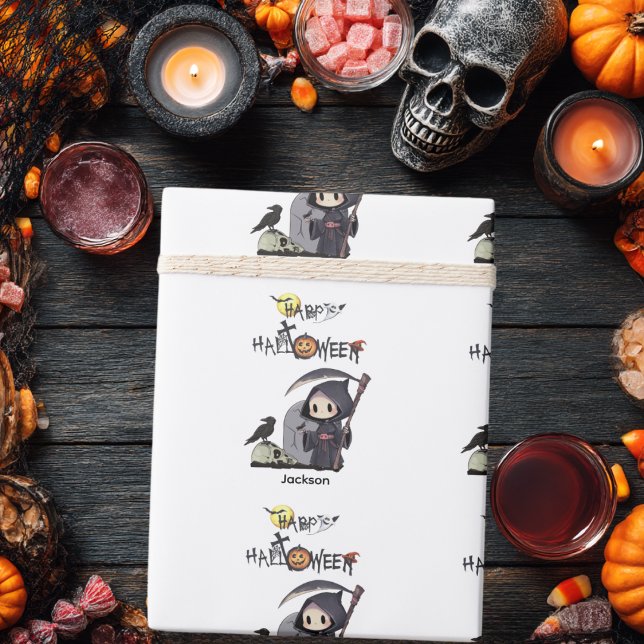 Spooky Grim Reaper Graveyard Crow Custom Halloween Wrapping Paper (Creator Uploaded)
