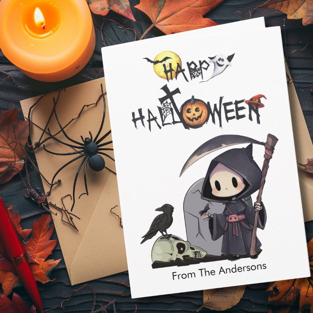 Spooky Grim Reaper Graveyard Crow Gothic Halloween Card (Creator Uploaded)
