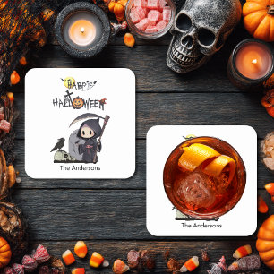 Spooky Grim Reaper Graveyard Gothic Kids Halloween Square Paper Coaster
