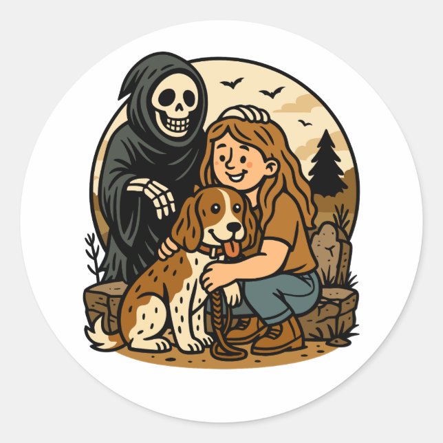 Spooky Grim Reaper with Girl and Dog Skeleton Art  Classic Round Sticker (Front)