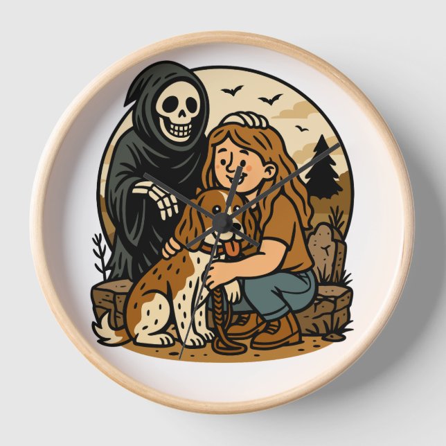 Spooky Grim Reaper with Girl and Dog Skeleton Art  Clock (Front)