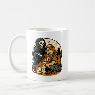Spooky Grim Reaper with Girl and Dog Skeleton Art Coffee Mug